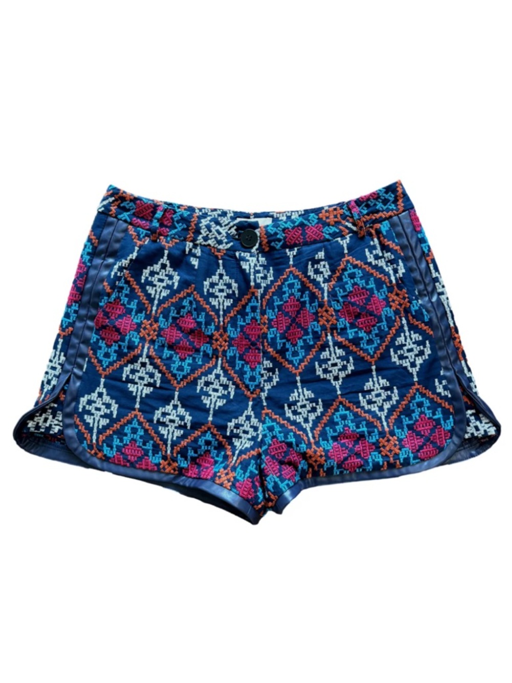 Nwt! Ciebon Navy Embroidered Mid-Rise Shorts Tulip Hem Faux Leather Trim Medium